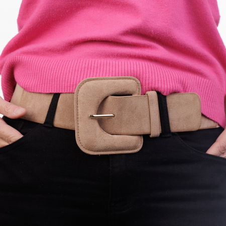 Curea elastica cu piele intoarsa ecologica bej si catarama dreptunghiulara cu colturi rotunjite [1]