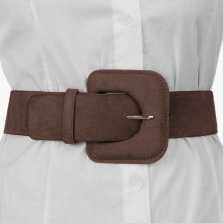 Curele & Centuri - Curea elastica cu piele intoarsa ecologica maro si catarama dreptunghiulara cu colturi rotunjite