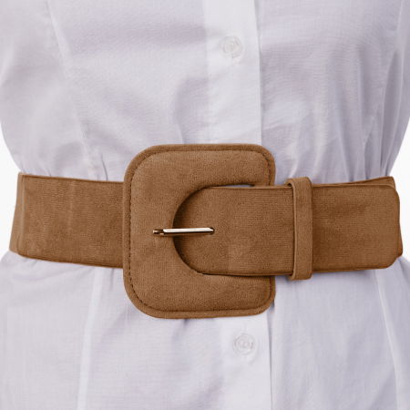 Curele & Centuri - Curea elastica cu piele intoarsa ecologica camel si catarama dreptunghiulara cu colturi rotunjite