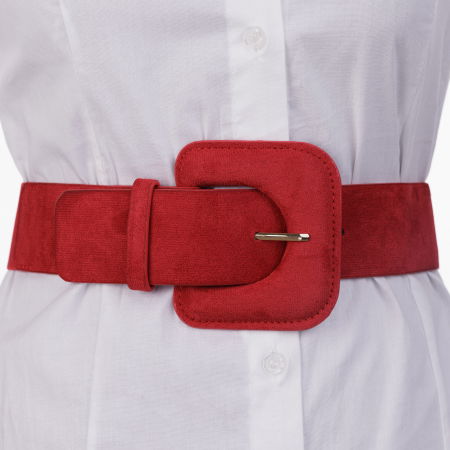 Curele & Centuri - Curea elastica cu piele intoarsa ecologica rosie si catarama dreptunghiulara cu colturi rotunjite