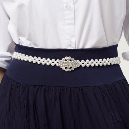 Curele & Centuri - Curea elastica de 1,5 cm, realizata din margele tip perla cu catarama ovala cu strasuri