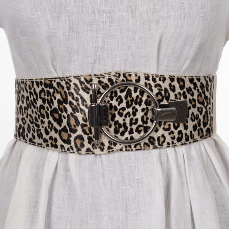 ACCESORII DAMĂ - Curea elastica din piele ecologica bej cu animal print si catarama ovala argintie