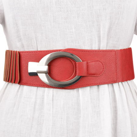 Curele & Centuri - Curea elastica cu solzi din piele ecologica rosie de 6 cm latime cu catarama ovala argintie