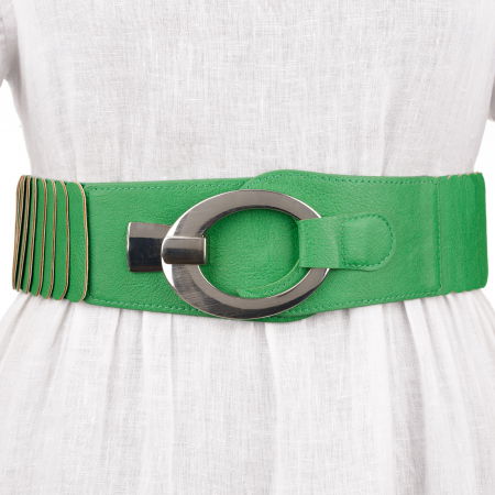 Curea elastica cu solzi din piele ecologica verde de 6 cm latime cu catarama ovala argintie