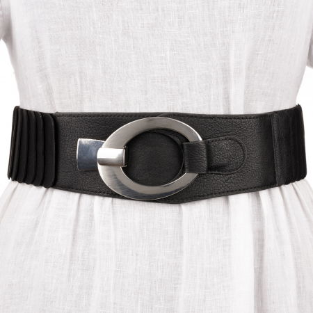 Curele & Centuri - Curea elastica cu solzi din piele ecologica neagra de 6 cm latime cu catarama ovala argintie