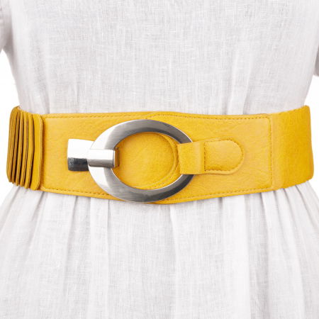 Curele & Centuri - Curea elastica cu solzi din piele ecologica galbena de 6 cm latime cu catarama ovala argintie