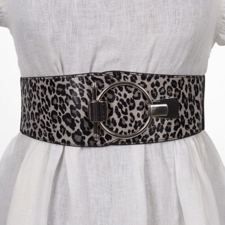 ACCESORII DAMĂ - Curea elastica neagra din piele ecologica gri cu animal print si catarama ovala argintie