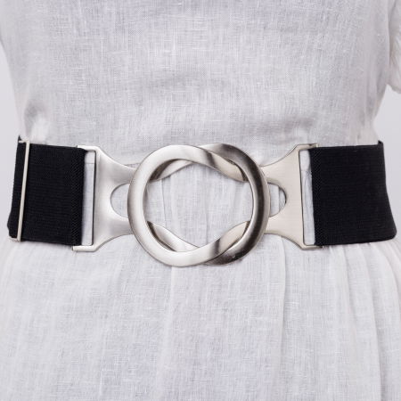 ACCESORII DAMĂ - Curea elastica neagra 6 cm latime cu dubla catarama argintie ce intra un in alta