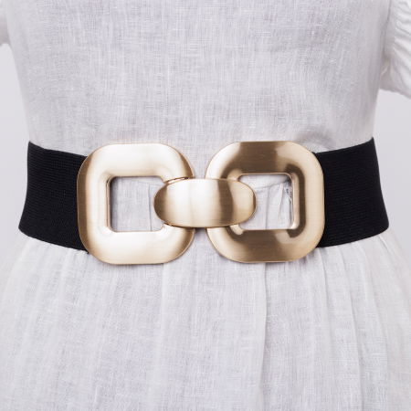 Curele & Centuri - Curea elastica neagra 6 cm latime cu dubla catarama aurie cu forma patrata