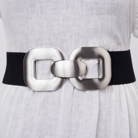 Curele & Centuri - Curea elastica neagra 6 cm latime cu dubla catarama argintie cu forma patrata