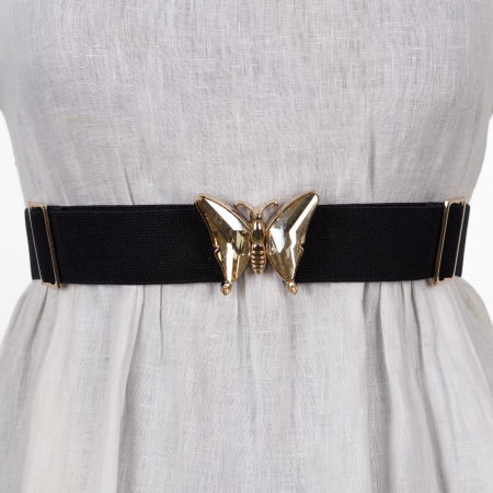 Curele & Centuri - Curea reglabila elastica neagra de 4 cm latime cu catarama fluture auriu cu sticla si metal