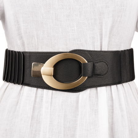 Curele & Centuri - Curea elastica cu solzi din piele ecologica neagra de 6 cm latime cu catarama ovala aurie