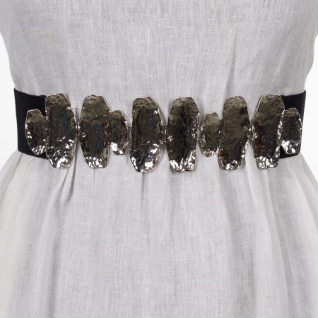 Curele & Centuri - Curea elastica neagra de 5 cm latime cu elemente metalice argintii, neregulate