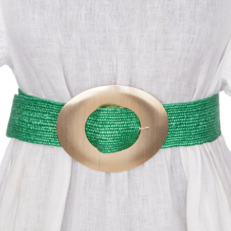 Curele & Centuri - Curea elastica verde din impletitura cu latime de 5 cm, catarama aurie