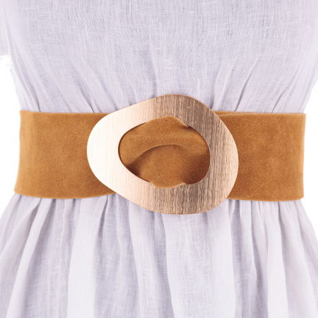 ACCESORII DAMĂ - Curea mustar din piele intoarsa naturala cu latime de 8 cm, catarama aurie neregulata