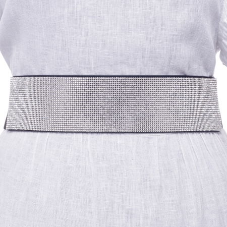 Curele & Centuri - Curea flexibila argintie 6 cm cu material elastic negru la spate si strasuri argintii pe fata