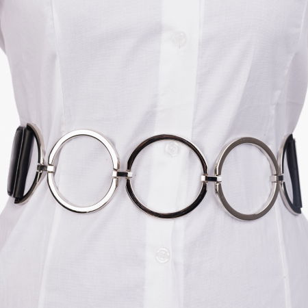 ACCESORII DAMĂ - Curea flexibila cu 3 cercuri metalice argintii de 7 cm cu material elastic negru la spate