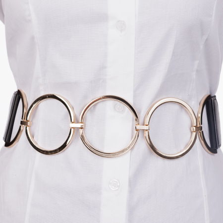 Curele & Centuri - Curea flexibila cu 3 cercuri metalice aurii de 7 cm cu material elastic negru la spate