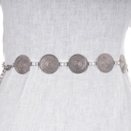 Curele & Centuri - Curea flexibila cu cercuri metalice argintii de 4 cm cu lant metalic prelungitor