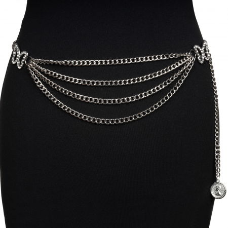 Curele & Centuri - Curea flexibila cu lanturi metalice argintii si fluturi decorativi cu strasuri albe