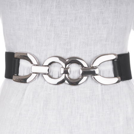 Curele & Centuri - Curea flexibila cu decoratiune metalica argintie cu material elastic negru la spate