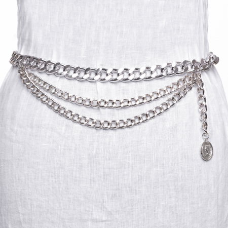 Curele & Centuri - Curea metalica argintie cu model lant si alte 2 lanturi decorative