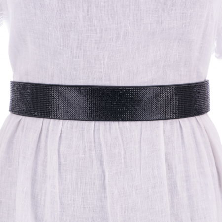 Curele & Centuri - Curea flexibila neagra 4 cm cu material elastic negru la spate si strasuri negre pe fata