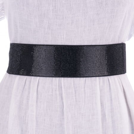 Curele & Centuri - Curea flexibila neagra 6 cm cu material elastic negru la spate si strasuri negre pe fata