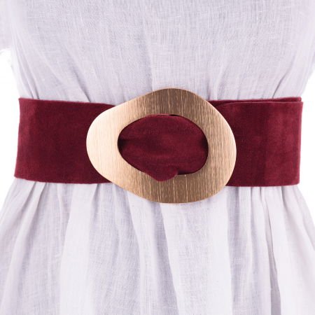 Curele & Centuri - Curea bordo din piele intoarsa naturala cu latime de 8 cm, catarama aurie neregulata