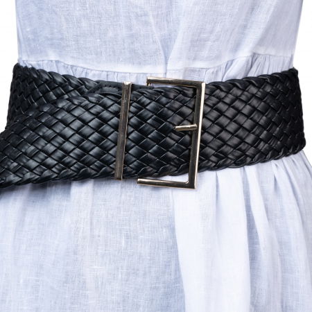 ACCESORII DAMĂ - Curea impletita neagra de 7 cm, din piele ecologica cu catarama metalica aurie dreptunghiulara