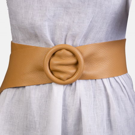 PROMOȚII - Curea bej din piele naturala cu latime de 7 cm, catarama rotunda imbracata in piele