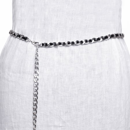 Curele & Centuri - Curea lant argintiu cu insertie din piele ecologica neagra si decoratiune banut la capat