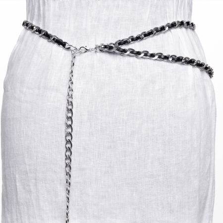 ACCESORII DAMĂ - Curea lant dublu argintiu cu insertie din piele ecologica neagra si decoratiune banut la capat