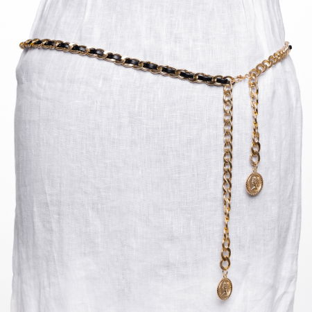 Curele & Centuri - Curea lant auriu cu insertie din piele ecologica neagra si decoratiune banuti la ambele capate