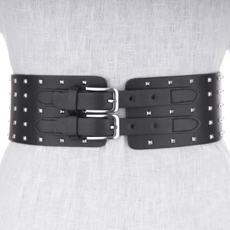 ACCESORII DAMĂ - Curea lata 8 cm neagra din material elastic cu 2 catarame metalice si tinte argintii