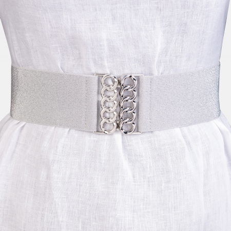 Curele & Centuri - Curea lata argintie cu tesatura de lurex de 6 cm, din material elastic cu catarama argintie