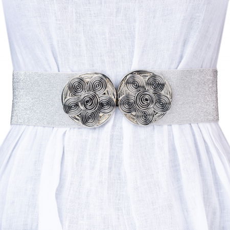 Curele & Centuri - Curea argintie 6 cm latime, din material elastic cu tesatura de lurex cu catarama floare argintie
