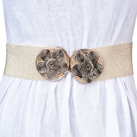 Curele & Centuri - Curea aurie lata de 6 cm, din material elastic cu tesatura de lurex cu catarama floare aurie