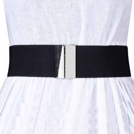 Curele & Centuri - Curea neagra 6 cm latime din material elastic, cu catarama argintie