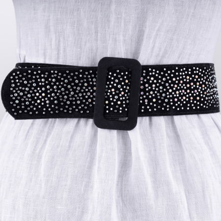 Curele & Centuri - Curea lata catifea neagra cu catarama din catifea si aplicatii de strasuri albe