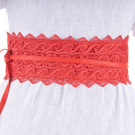 Curele & Centuri - Curea lata de 10 cm petrecuta rosie cu aplicatie din broderie textila