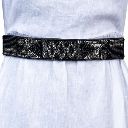 Curele & Centuri - Curea elastica neagra cu aplicatie din margelute fine negre si argintii