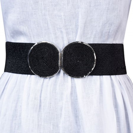 Curele & Centuri - Curea neagra lata de 6 cm, din material elastic cu tesatura de lurex, catarama negru cu argintiu