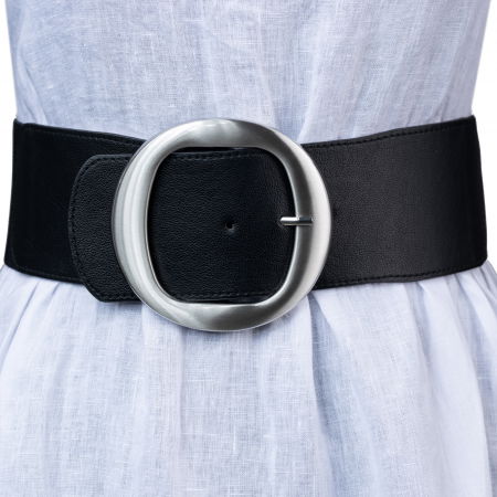 Curele & Centuri - Curea lata neagra de 7.5 cm, din material elastic cu catarama metalica argintie rotunda