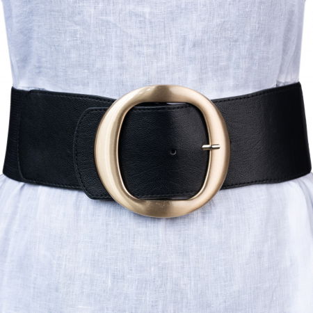 Curele & Centuri - Curea lata neagra de 7.5 cm, din material elastic cu catarama metalica aurie rotunda