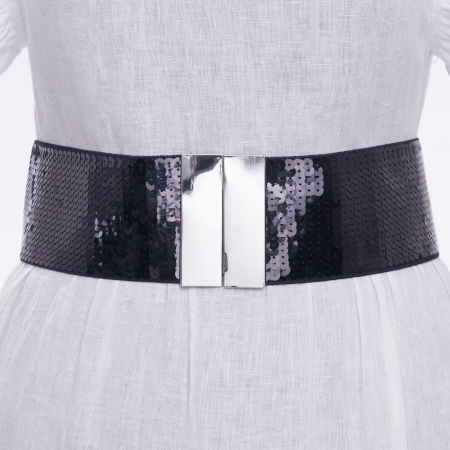 Curele & Centuri - Curea neagra lata de 7.5 cm din material elastic acoperita complet cu paiete negre