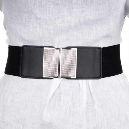 Curele & Centuri - Curea lata 6 cm neagra din material elastic cu pafta metalica patrata argintie