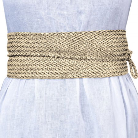 Curele & Centuri - Curea lata petrecuta bej din impletitura de piele ecologica