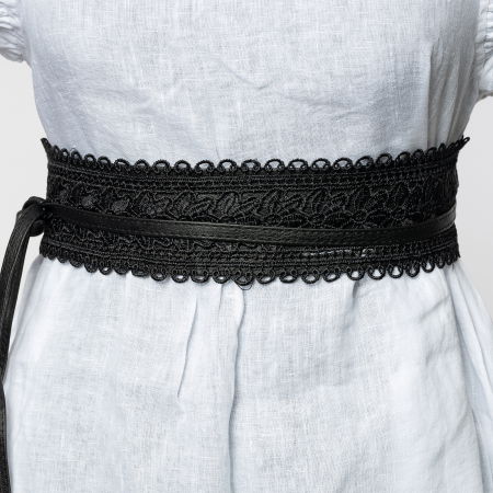 Curele & Centuri - Curea lata petrecuta neagra, din piele ecologica cu aplicatie din broderie textila