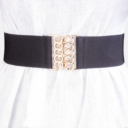 Curele & Centuri - Curea neagra de 6 cm, din material elastic cu catarama aurie